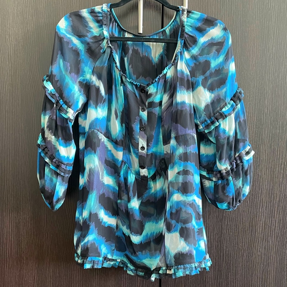 DVF Silk Chiffon Blouse - Abstract Animal Print - size S Black/Blue/Turquoise